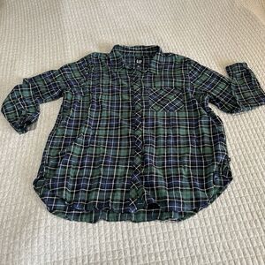 GAP Men’s Green Navy Plaid 100% Cotton Flannel Long Sleeve Button-Up Shirt XXL